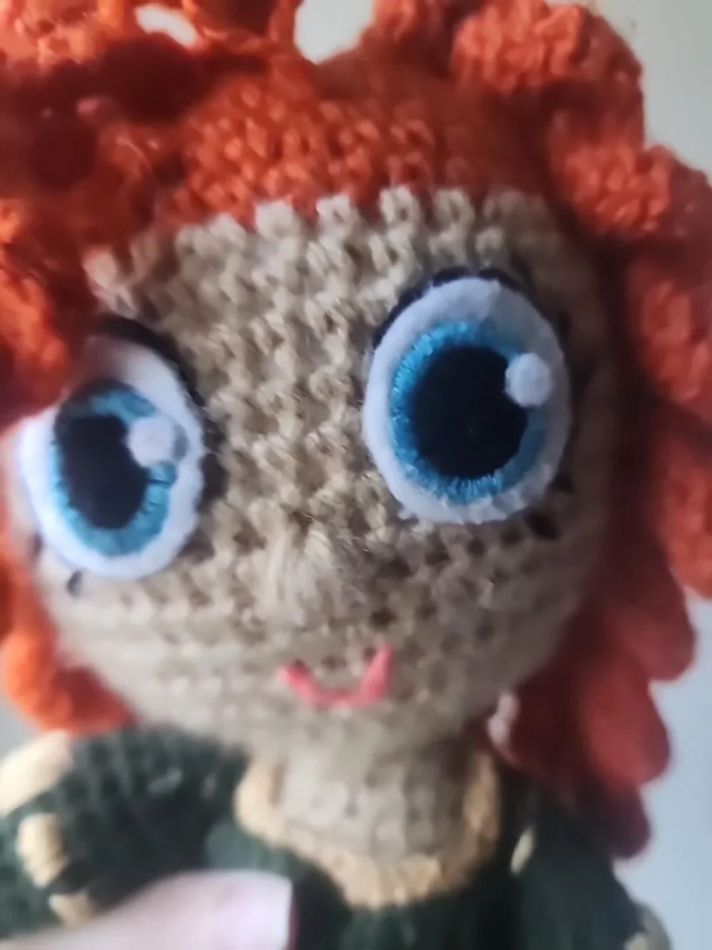 Handmade Crocheted Doll Merida with Red Hair, Green Dress and Accessories